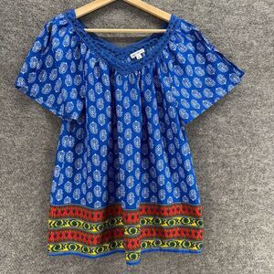 Rebecca Malone Blouse Women M Medium Blue Floral V-Neck Short Sleeve Casual